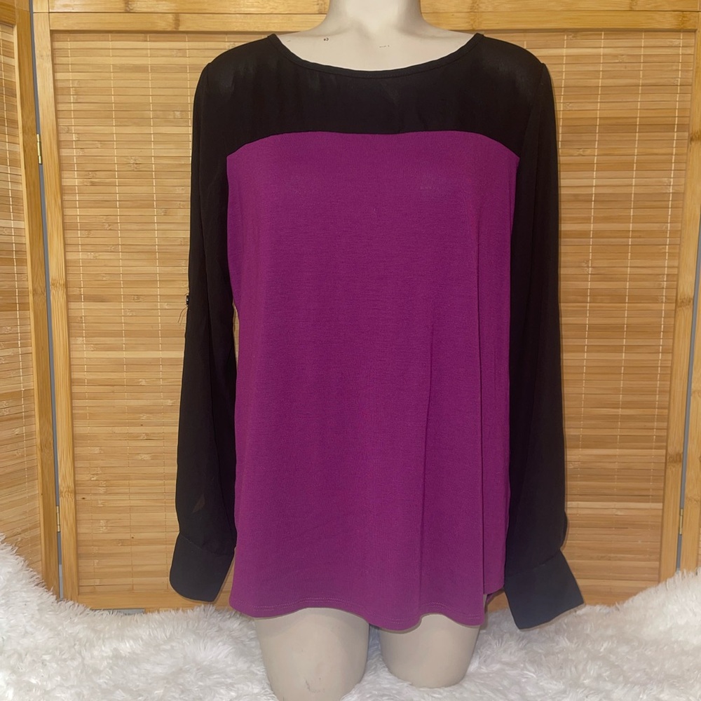 Massini purple black color block long sleeve blouse roll up sleeves top shirt M